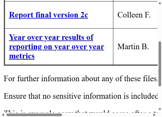 zoomed in screenshot of the bottom of a table and a multi-line paragraph of text. Each extend off-screen, resulting in both horizontal and vertical scrollbars at the page level.