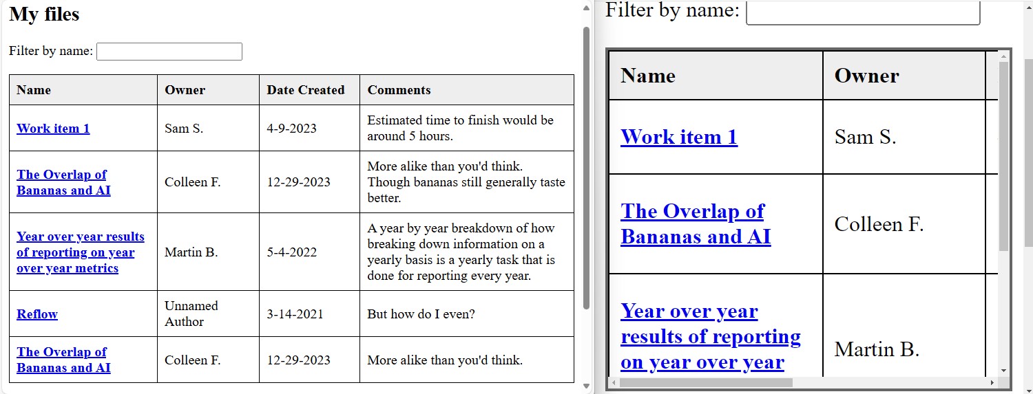 a table within a containing element that provides two-directional scrollbars to view the content of the table. The content above and below the table reflows to fit within the available width of the viewport.