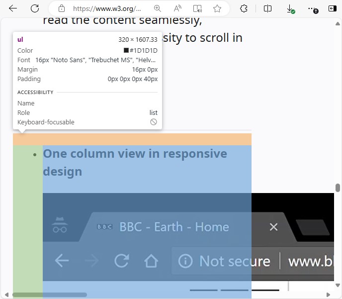 BBC Earth video extends far beyond the horizontal width of the browser's viewport, resulting in a large horizontal scrollbar for the web page. The content of the web page otherwise fits into a 320px wide container, which is validated by use of a browser's developer tools which show the containing element has a width of 320px.